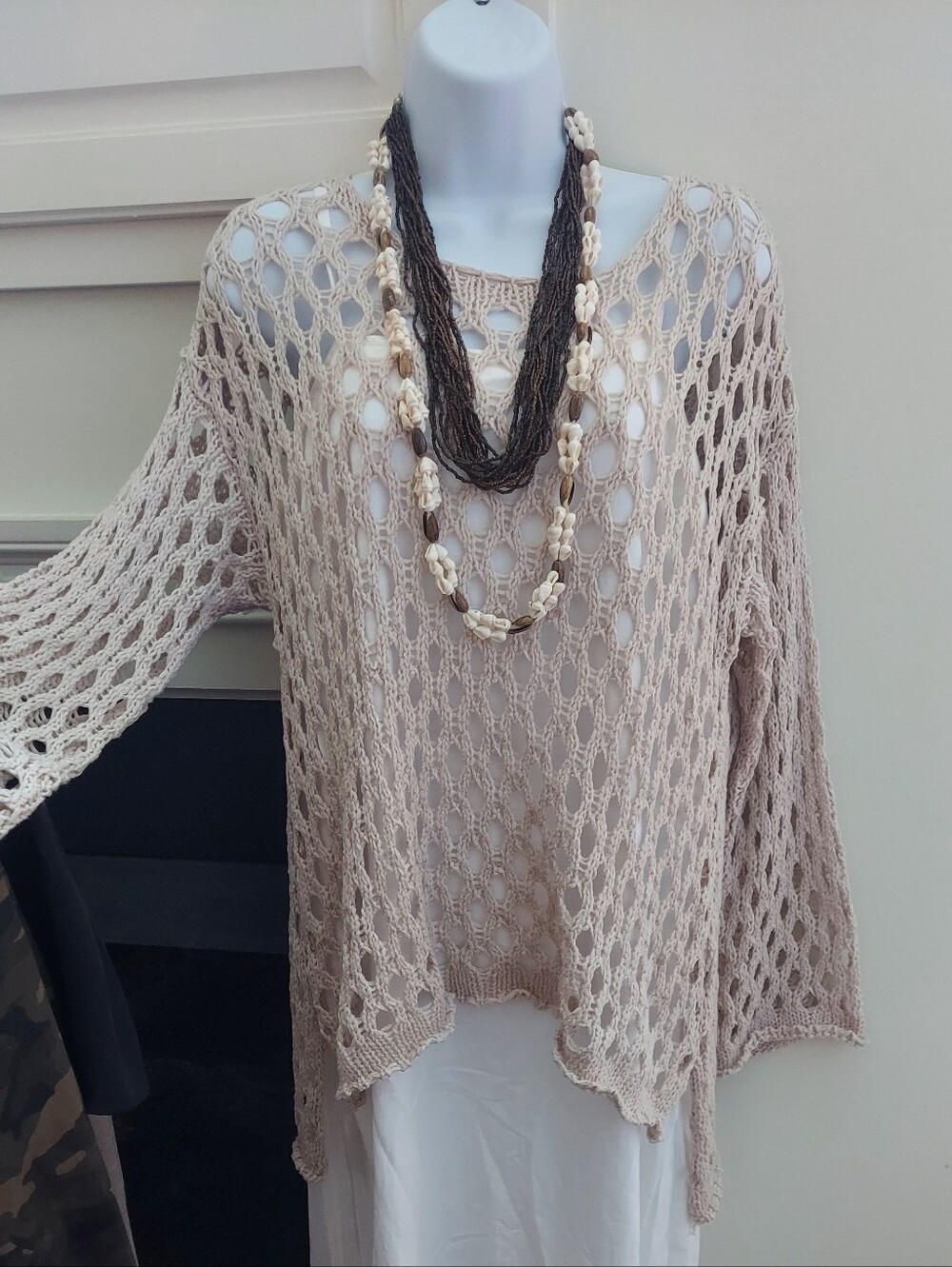 POL Light Beige Open-Knit Women's Sweater Top